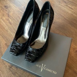 Vince Camuto patent croc pumps